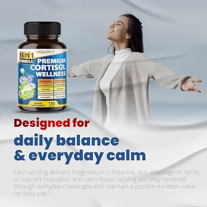 VEGATOT Organic Cortisol Wellness Complex 15-in-1 Formula with Magnesium Ashwagandha St. John's Wort Valerian Rhodiola Rosea Passionflower Chamomile - Image 2