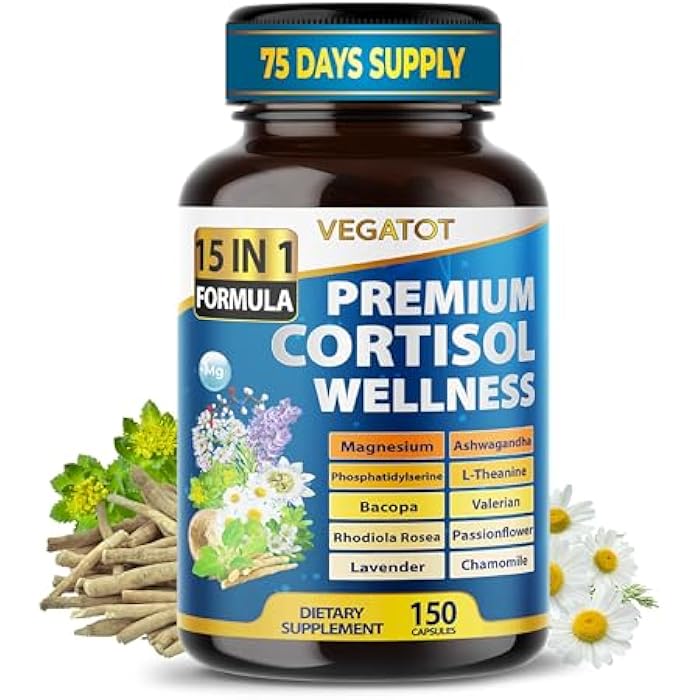 VEGATOT Organic Cortisol Wellness Complex 15-in-1 Formula with Magnesium Ashwagandha St. John's Wort Valerian Rhodiola Rosea Passionflower Chamomile - Image 1