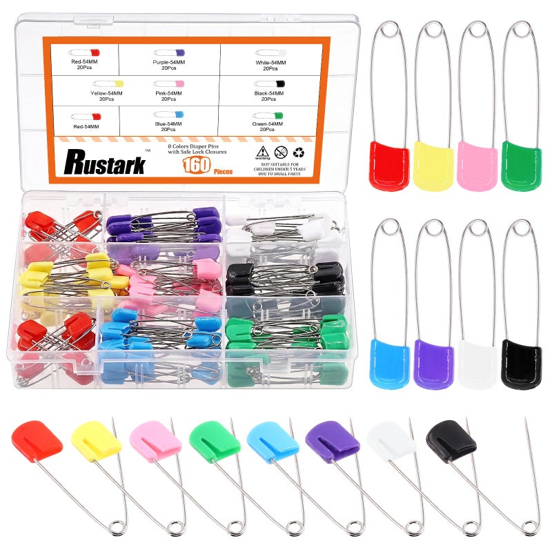 Rustark 160Pcs 2 Inch Plastic Head Safety Pin Premium Large Safety Pin for Baby Cloth Diaper Pins 8 Colors - Image 2