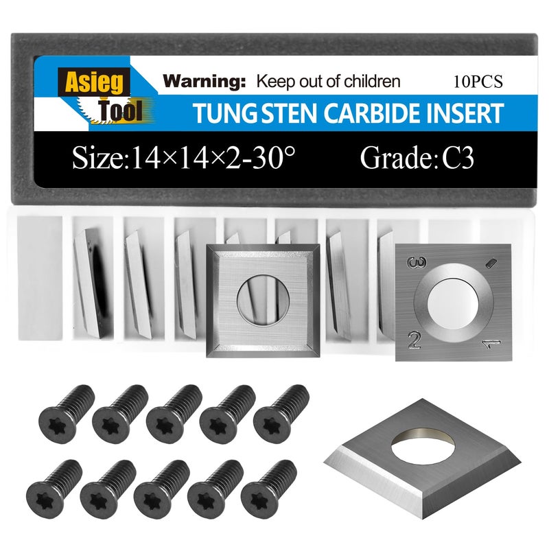 Asieg Tool 14 x 14 x 2mm-30° Carbide Inserts Cutters Knives Blades with Screws for Grizzly T21348 and Woodworking Spiral Helical Planer Head 10pcs - Image 1