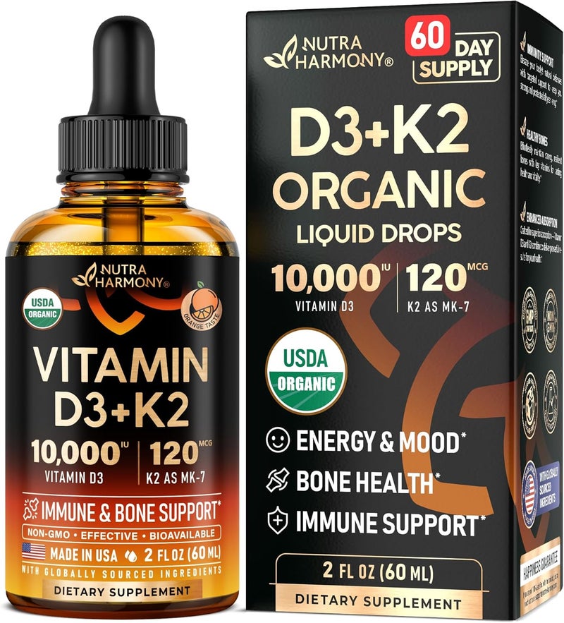 NUTRAHARMONY Vitamin D3 K2 USDA Organic Drops  Vitamin D3 10000 IU  K2 as MK7 120mcg  Immune  Mood Support Bone  Teeth Health  SugarFree Orange Flavor  Liquid Supplement  Made in USA  2 FL OZ 60 Days - Image 1