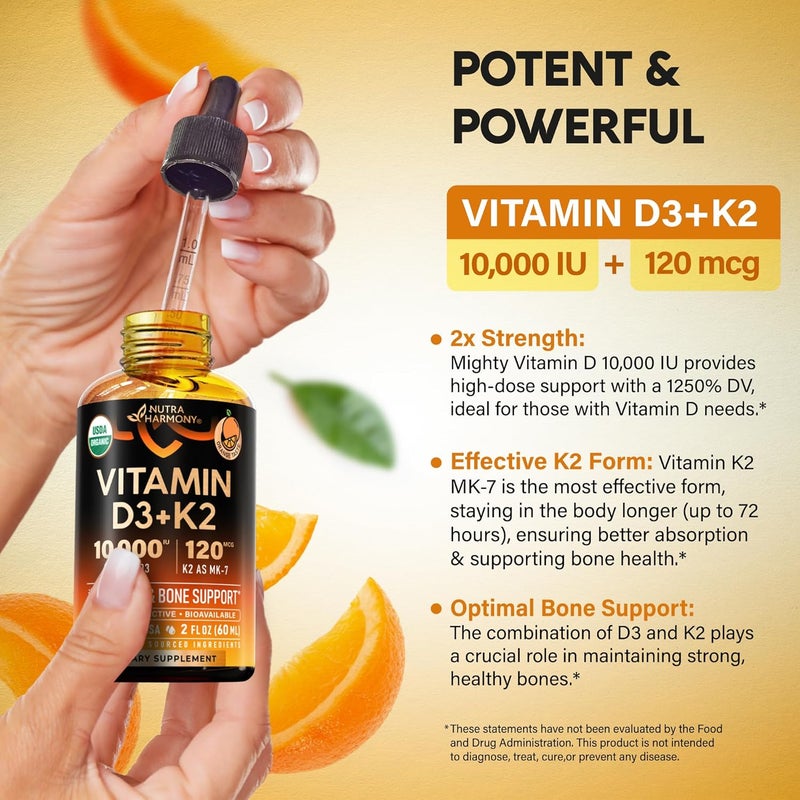 NUTRAHARMONY Vitamin D3 K2 USDA Organic Drops  Vitamin D3 10000 IU  K2 as MK7 120mcg  Immune  Mood Support Bone  Teeth Health  SugarFree Orange Flavor  Liquid Supplement  Made in USA  2 FL OZ 60 Days - Image 5