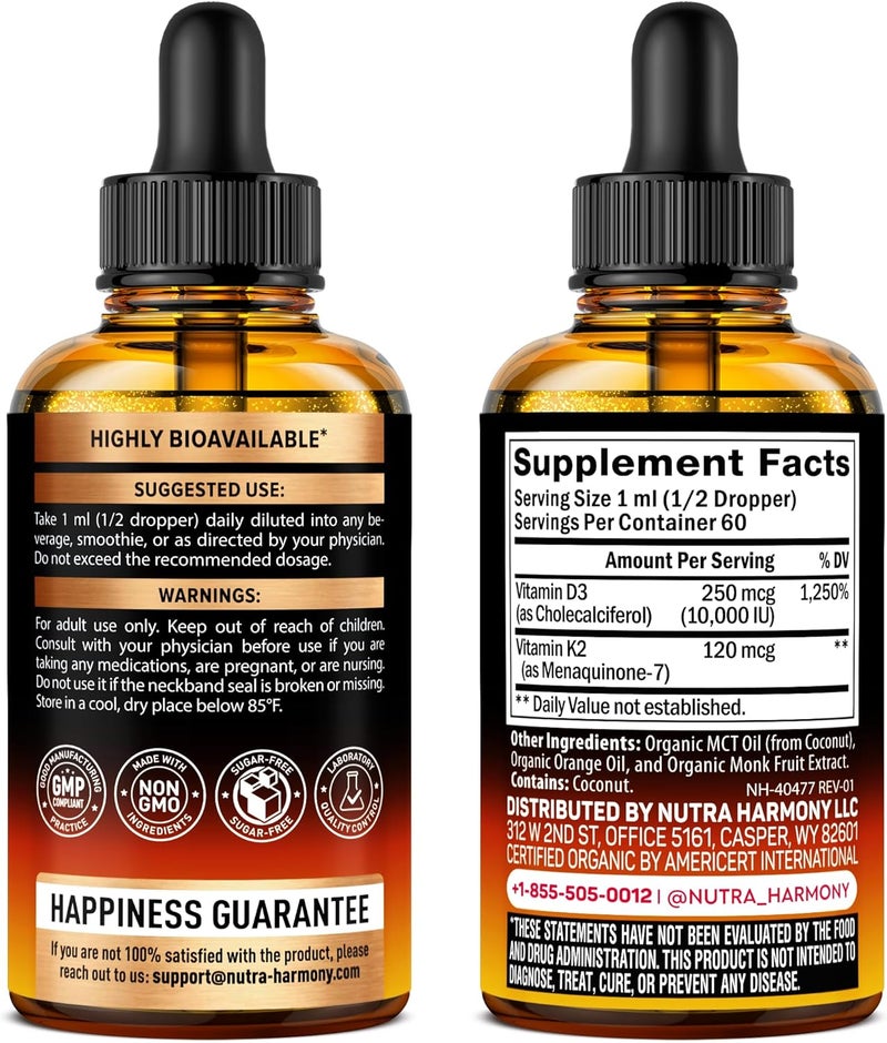 NUTRAHARMONY Vitamin D3 K2 USDA Organic Drops  Vitamin D3 10000 IU  K2 as MK7 120mcg  Immune  Mood Support Bone  Teeth Health  SugarFree Orange Flavor  Liquid Supplement  Made in USA  2 FL OZ 60 Days - Image 2