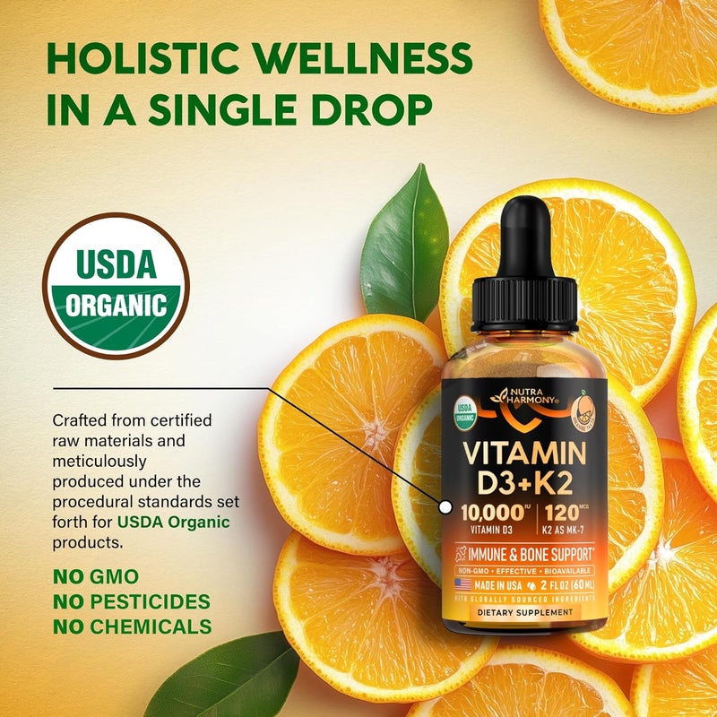 NUTRAHARMONY Vitamin D3 K2 USDA Organic Drops  Vitamin D3 10000 IU  K2 as MK7 120mcg  Immune  Mood Support Bone  Teeth Health  SugarFree Orange Flavor  Liquid Supplement  Made in USA  2 FL OZ 60 Days - Image 4