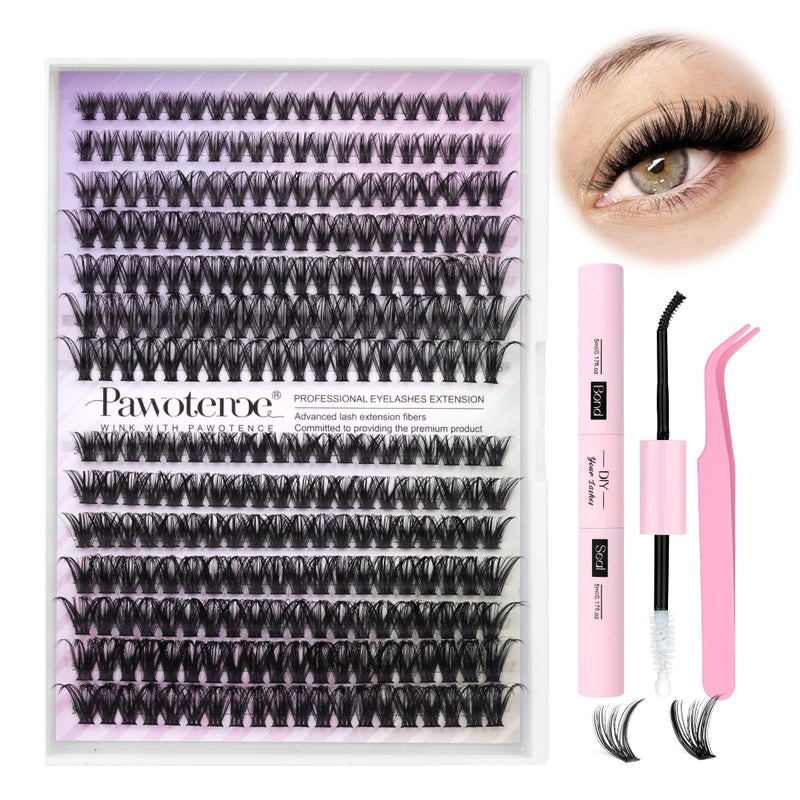 Pawotence Lash Extension Kit Individual Lash Clusters Kit 40D 50D Eyelash Extension Kit 816mm Eyelash Clusters with Lash Bond and Seal Lash Tweezers for Beginners 40D50D 007D 816mm Kit