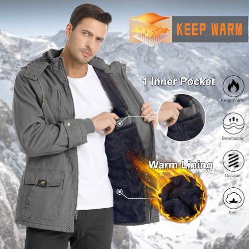CHEXPEL Men's Thick Winter Jackets with Hood Fleece Lining Cotton Military Jackets Work Coats with Cargo Pockets Light Gray M - Image 3