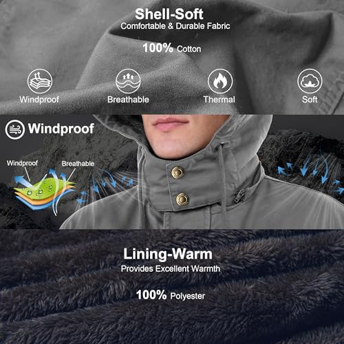 CHEXPEL Men's Thick Winter Jackets with Hood Fleece Lining Cotton Military Jackets Work Coats with Cargo Pockets Light Gray M - Image 4