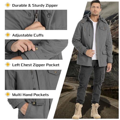 CHEXPEL Men's Thick Winter Jackets with Hood Fleece Lining Cotton Military Jackets Work Coats with Cargo Pockets Light Gray M - Image 5