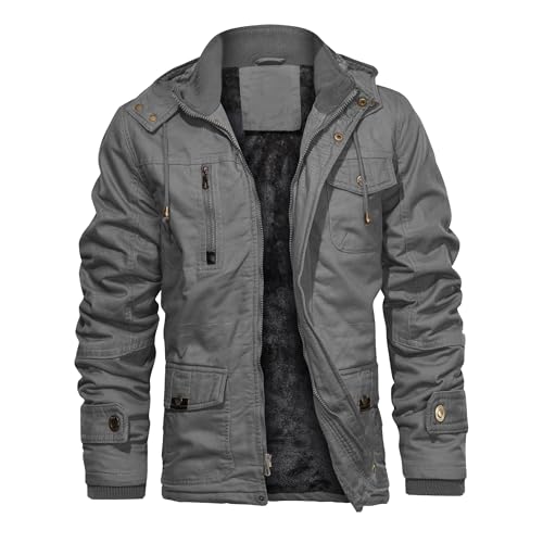 CHEXPEL Men's Thick Winter Jackets with Hood Fleece Lining Cotton Military Jackets Work Coats with Cargo Pockets Light Gray M - Image 1