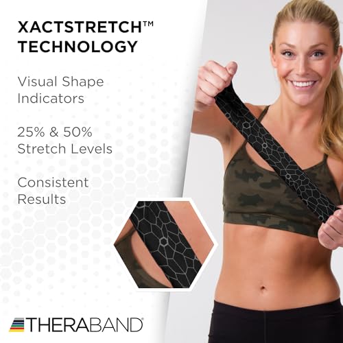 TheraBand شريط كينيسيو من ثيراباند، أسود/رمادي، 1 لفة، مع مؤشرات إكستراستريتش، شريط رياضي طويل الأمد للكتف والركبة، شريط رياضي خالي من اللاتكس، مقاوم للماء، قابل للقص حسب الطول - Image 4