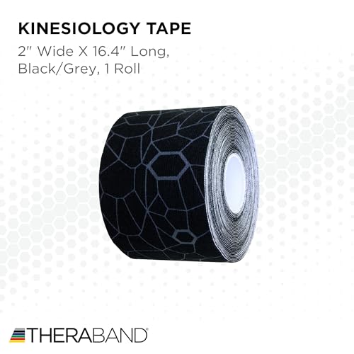 TheraBand شريط كينيسيو من ثيراباند، أسود/رمادي، 1 لفة، مع مؤشرات إكستراستريتش، شريط رياضي طويل الأمد للكتف والركبة، شريط رياضي خالي من اللاتكس، مقاوم للماء، قابل للقص حسب الطول - Image 2