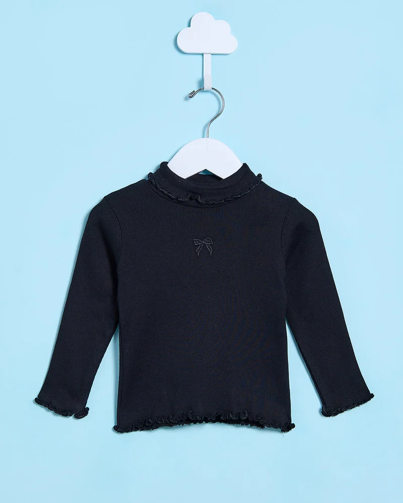 REDTAG Infant Girls Black High Neck T-Shirt