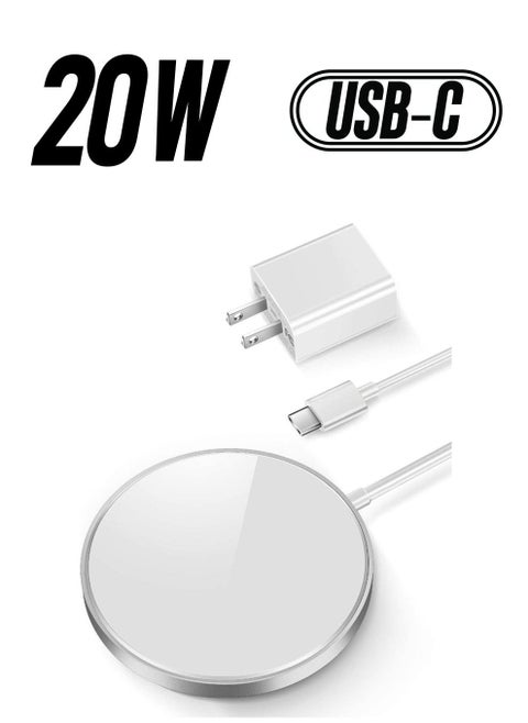 Magnetic Wireless Charger,15W Wireless Charging Pad with USB-C 20W PD Adapter, Compatible with MagSafe Charger for iPhone 14/14 Pro/14 Plus/14 Pro Max/iPhone 13/13 Mini/13Pro max,Silver