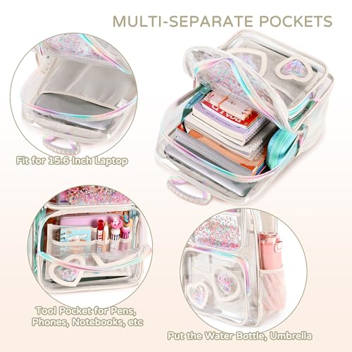 KIDNUO Clear Backpack for Girls Women Transparent Kids Elementary College School Bag Travel Laptop Backpacks Large Bookbags (Off-white) - Image 4