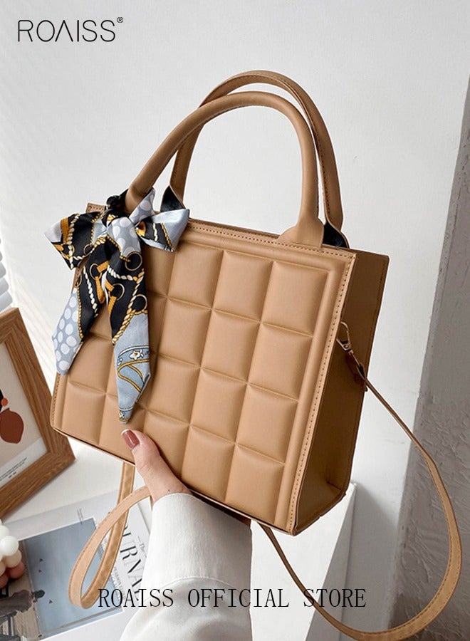 roaiss Solid Geo Embossed Ribbon Decoration Square Bag Womens Minimalist Textured Satchel Bag Stitch Detail Top Zip Closure Handbag Messenger Bag  - Image 3