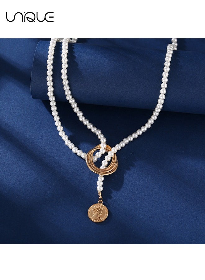 Unique - Long Pearl Necklaces, Costume Jewellery for Women, Retro Metal Pearl Necklace Elegant Lady White Artificial Pearls Long Sweater Chain Beaded Necklace, 31In Faux Pearls Art Fashion Lovely - Image 1