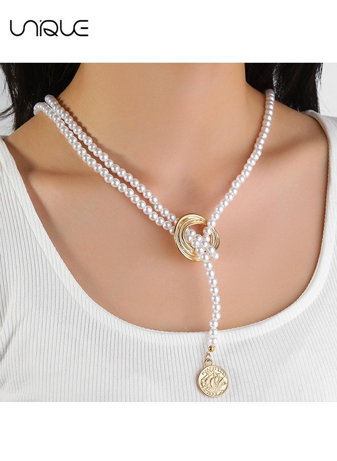 Unique - Long Pearl Necklaces, Costume Jewellery for Women, Retro Metal Pearl Necklace Elegant Lady White Artificial Pearls Long Sweater Chain Beaded Necklace, 31In Faux Pearls Art Fashion Lovely - Image 1
