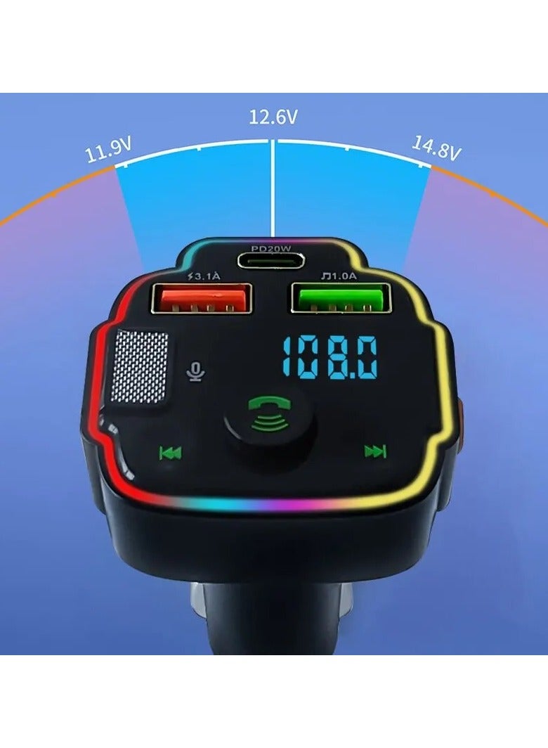 shopi.ae car FM Transmitter Bluetooth Hands-free MP3 Player PD 3.1A Quick Charger Atmosphere Light Car Cigarette Lighter Lossless Charger - Image 2