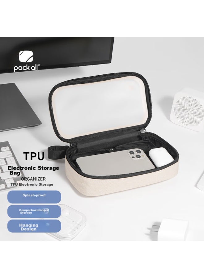 Pack All Tpu Splash-resistant Multifunctional Storage Bag With Cable Holes, Portable Handheld Digital Organizer, Khaki - Image 1