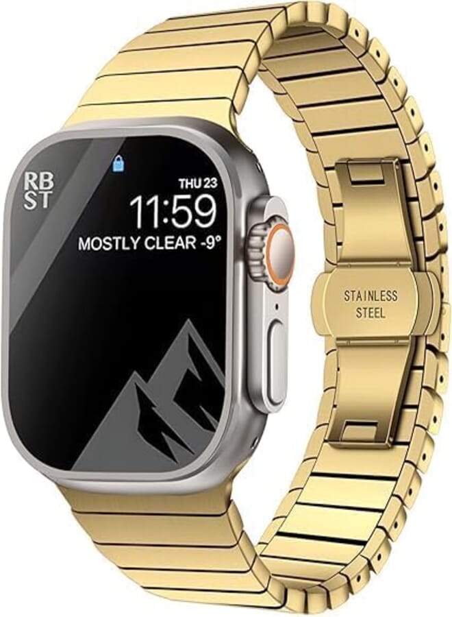 Next Next Store Men's Titanium Metal Watch Band with Double Lock Compatible with iWatch Ultra/Ultra 2 Series 9/8/7/6/5/4/3/2/1/SE 42mm 44mm 45mm 49mm (Gold)