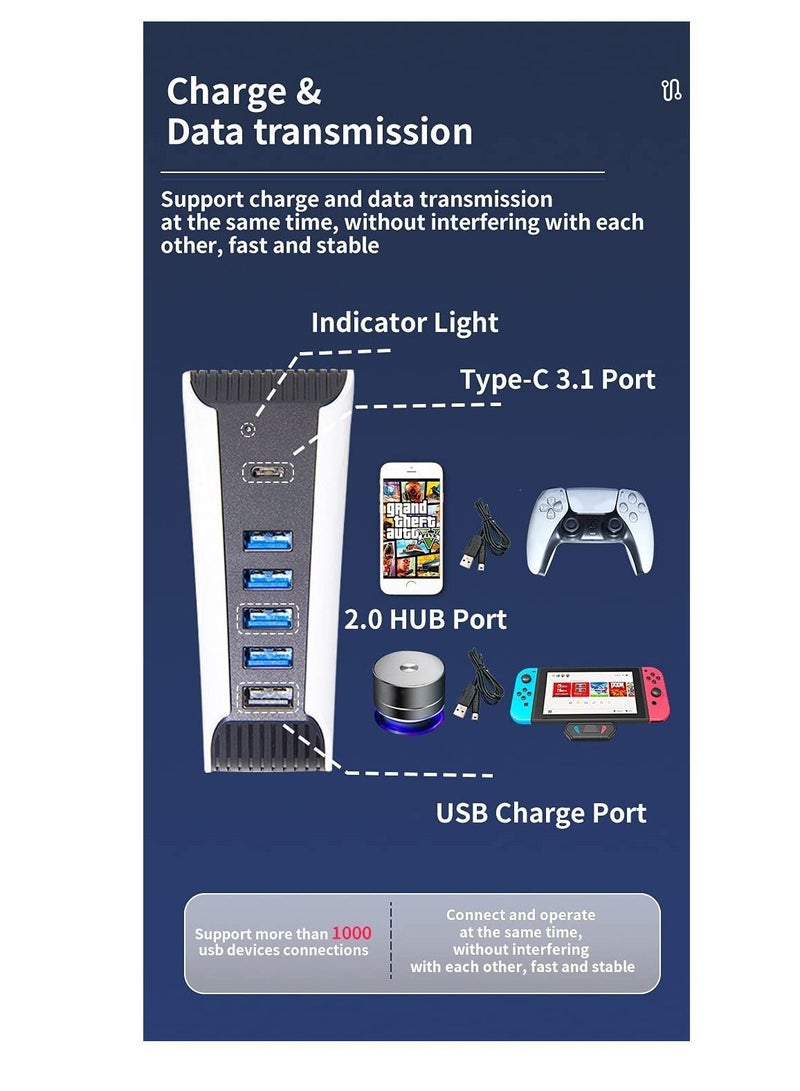 Y&D 5 Port USB Hub for PS5,High-Speed Expansion Charger Splitter Adapter with 4 + 1 Charging Type C Port, Compatible Playstation Dualsence Game Console - Image 4