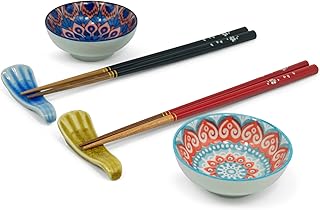 Cook Pro 8 Pc Bamboo Chopstick set w/ Dishes & Rests Red and Blue - Image 1