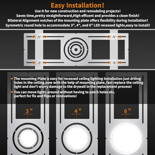 MULMART New Construction Mounting Plate, 3-4-6 Inch, LED Recessed Lighting Housing Kits, Flat Steel Rough in Bracket Fixture for LED Light Bar, 12PC Shallow Recessed Lighting Housing Plate - Image 5