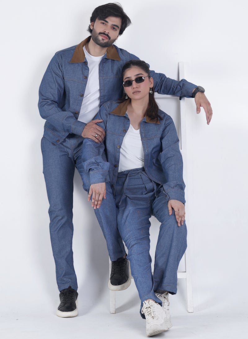 Ambittrends Unisex Blue Denim Co-Ord Set with Contrast Collar - Image 1