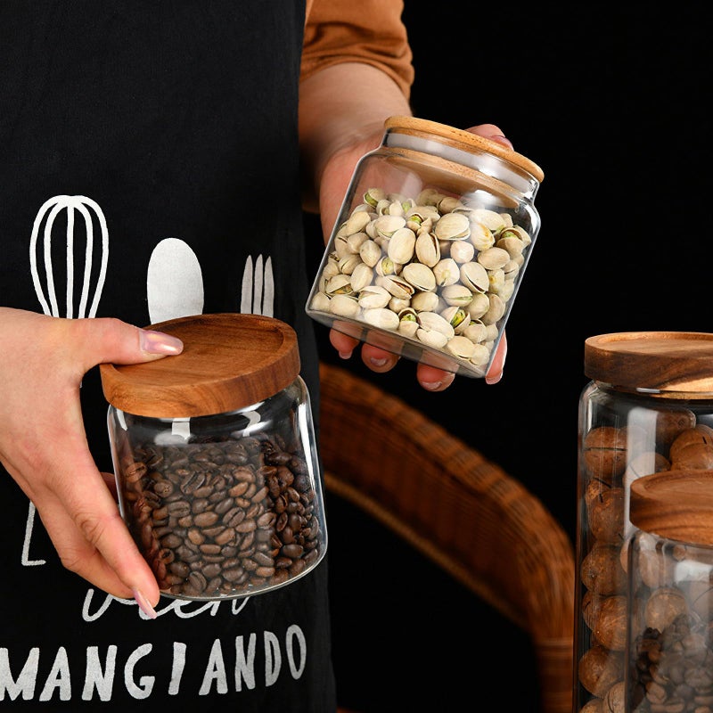 Custde Glass Jar with Lid, 17 FL oz Airtight Glass Storage Jar Glass Food Storage Containers for Kitchen Counter, Pantry, Decorative Jar for Coffee, Sugar, Candy Cute (Wooden 17 FL OZ) - Image 2