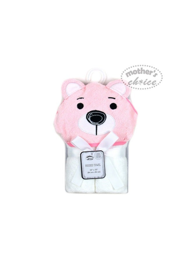 Mothers Choice Hooded Baby Towel Bear 3D Ears -100% Cotton Baby Towel -Soft & Snuggly Baby Towel - 84x84 cm- Newborn to 4 Years - White/Pink