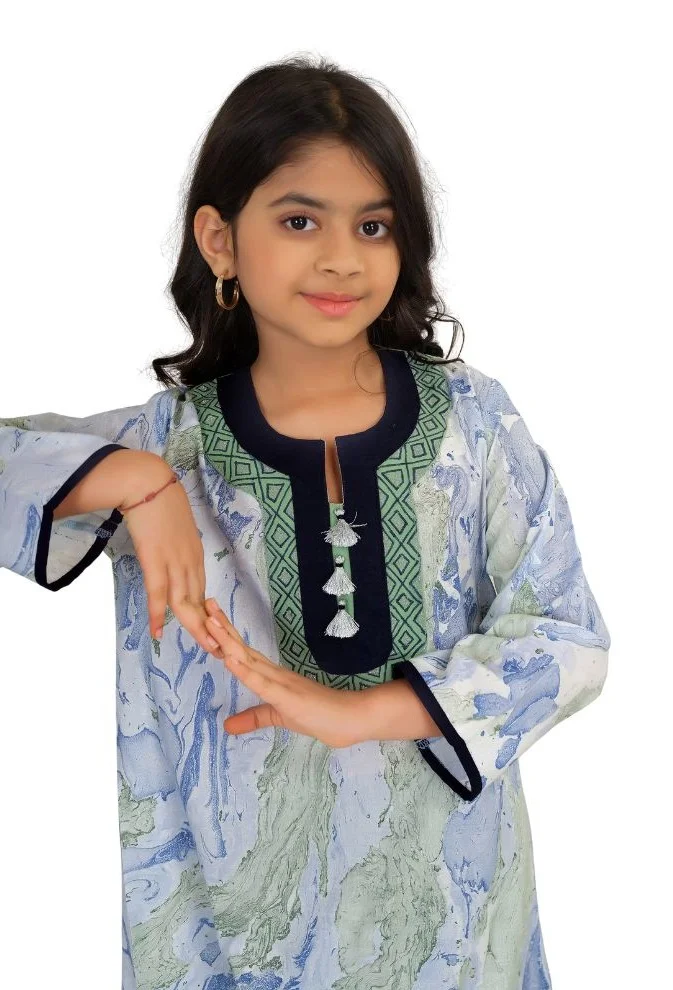 Artemea SOFT PREMIUM HAND MARBLE PRINTED COTTON EMBROIDEREDJALABIYA WITH SIDE SLIT STYLING