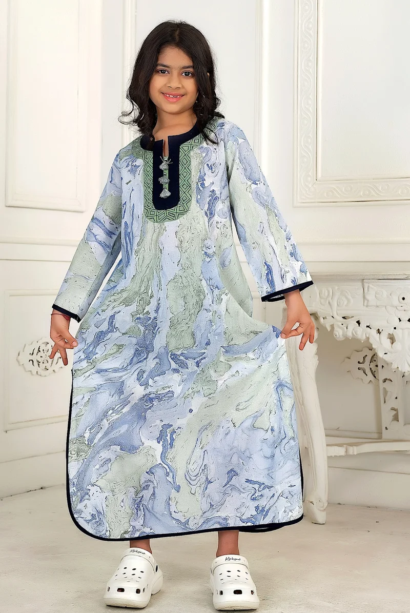Artemea SOFT PREMIUM HAND MARBLE PRINTED COTTON EMBROIDEREDJALABIYA WITH SIDE SLIT STYLING