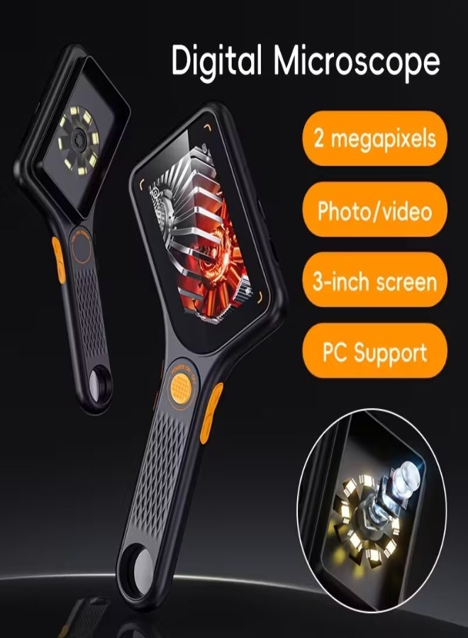 ميكروسكوب رقمي محمول بقوة تكبير 500X، كاميرا 2MP، عدسة تركيز تلقائي، يعمل بالبطارية واليو إس بي، شاشة 3 بوصة، إضاءة LED، متوافق مع الكمبيوتر – مثالي للصيانة، اللحام، فحص العملات، البحث العلمي، إصلاح الهواتف والدوائر الإلكترونية - Image 2