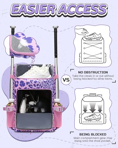 FOKDUVB Baseball Softball Equipment Bag for Boys Girls Ages 8-12 10-12 12-14 Large Kids Youth Bat Bag Backpack with Ventilated Shoe Compartment Baseball Softball Stuff Supplies (Purple, Leopard) - Image 3