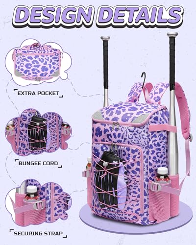 FOKDUVB Baseball Softball Equipment Bag for Boys Girls Ages 8-12 10-12 12-14 Large Kids Youth Bat Bag Backpack with Ventilated Shoe Compartment Baseball Softball Stuff Supplies (Purple, Leopard) - Image 4