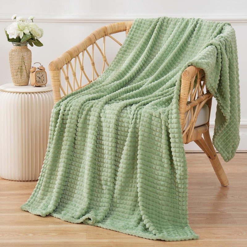 Puncuntex Flannel Fleece Throw Blanket Sage Green 5060Super Soft Plush Cozy Blanket with Square Grid Design Luxury for Couch Sofa Chair