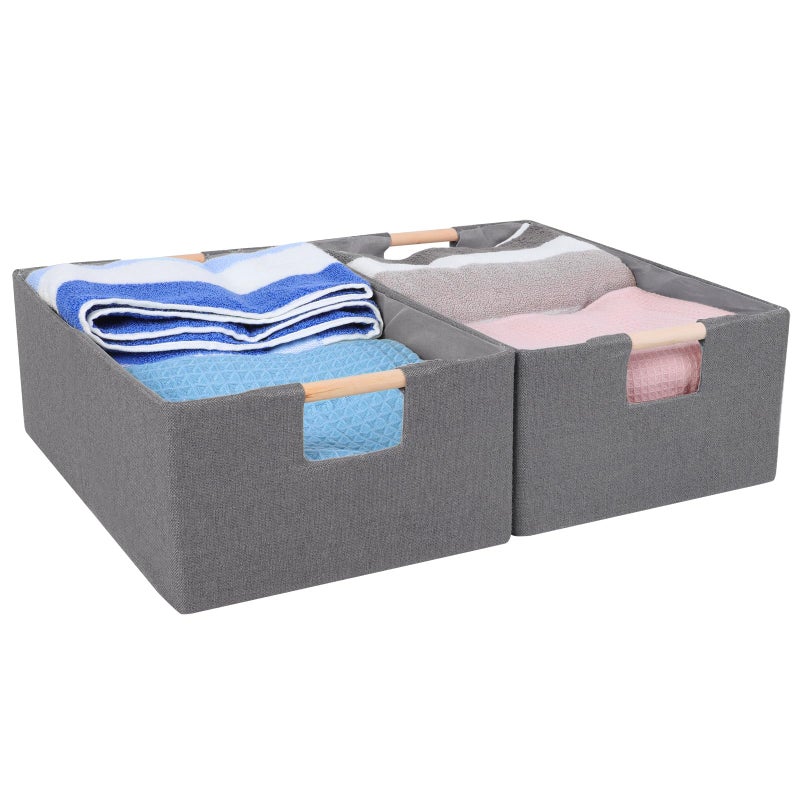 ANMINY 2PCS Storage Baskets for Organizing Collapsible Fabric Storage Bins Boxes with Wood Handles Closet Shelves Cube Organizer Bins Clothes Laundry Storage Container  Medium Gray