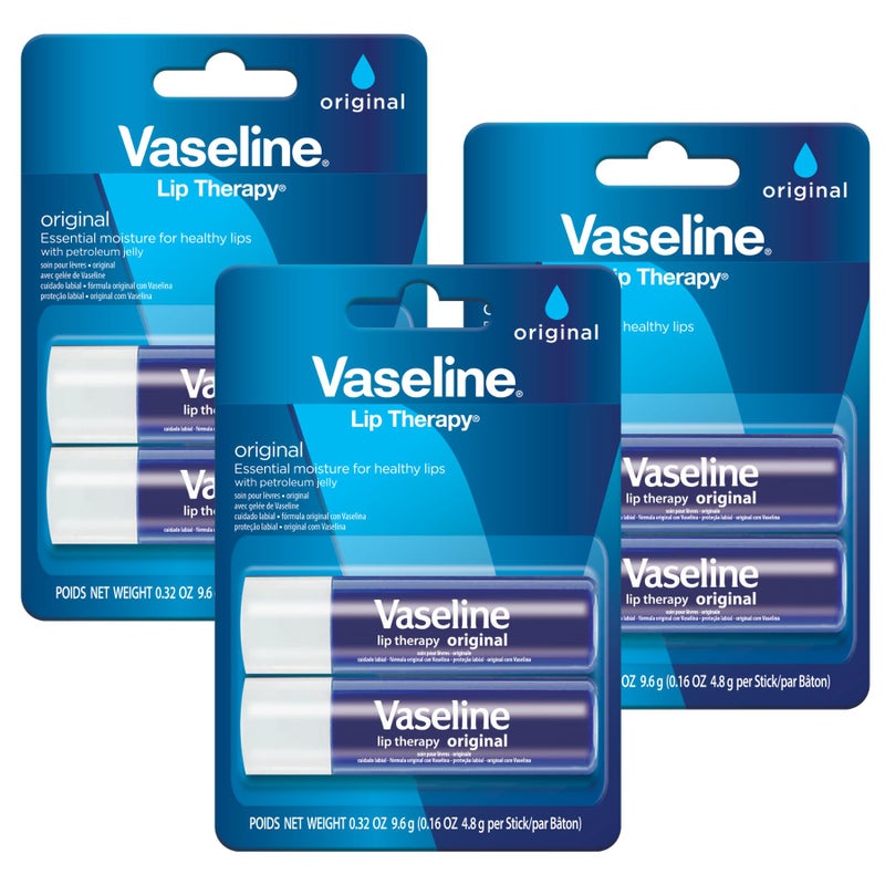 Vaseline فازلين للعناية بالشفاه الأصلية، تغذية سريعة المفعول، مثالي للشفاه المتشققة، الجافة، المتصدعة، أو التالفة، بلسم شفاه، عبوة 3 من 2، 0.16 أونصة لكل منها، 6 بلسم شفاه - Image 1