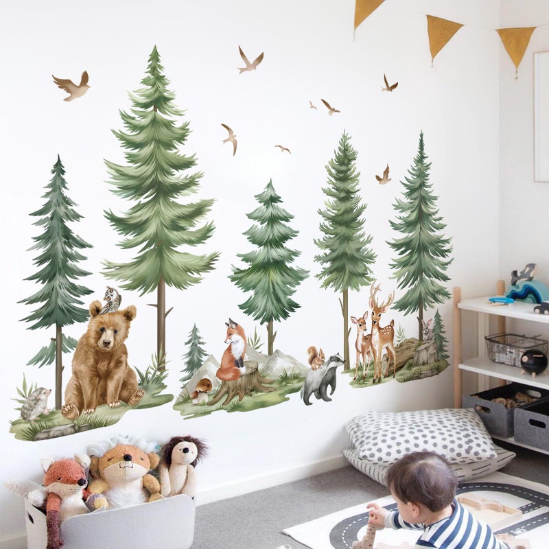 Wondever Mountain Tree Wall Stickers Large Pine Tree Forest Animals Bear Deer Peel And Stick Wall Art Decals For Kids Bedroom Baby Nursery - Image 1