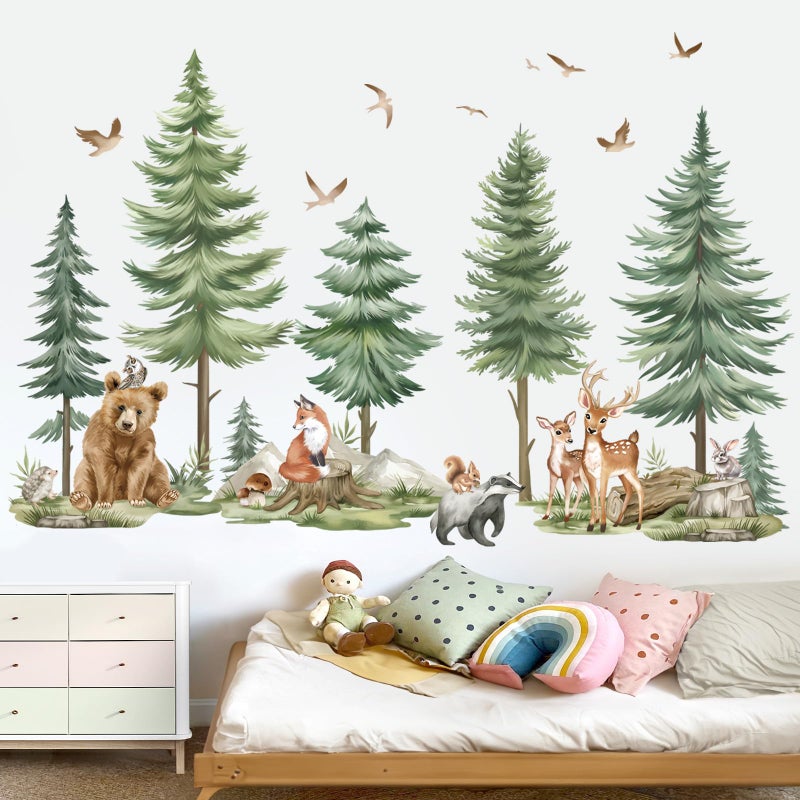 Wondever Mountain Tree Wall Stickers Large Pine Tree Forest Animals Bear Deer Peel And Stick Wall Art Decals For Kids Bedroom Baby Nursery - Image 2
