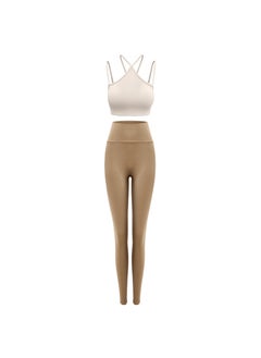Womens Premium Yoga Suit Autumn Winter Pilates Gym Set Light apricot bra-camel pants
