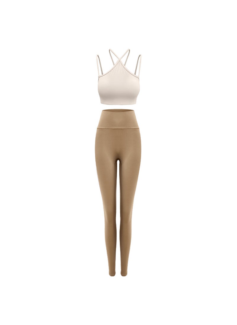 Generic - Womens Premium Yoga Suit Autumn Winter Pilates Gym Set Light apricot bra-camel pants - Image 1