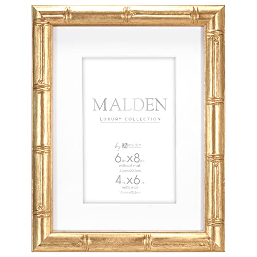 Malden International Designs 4x6 Matted Gold Bamboo PS Moulding Picture Frame Antique Gold Finish White Matboard - Image 1