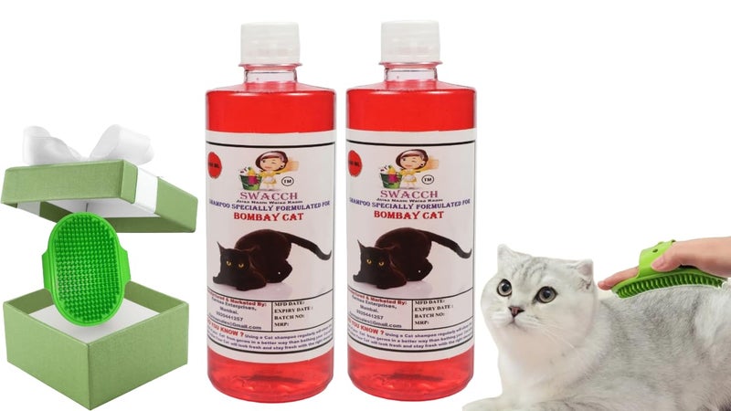 Swacch Bombay Cat Shampoo -500ml (Pack of 2) (Strawberry) + Bath Brush with Adjustable Straps Combo Pack - Image 1
