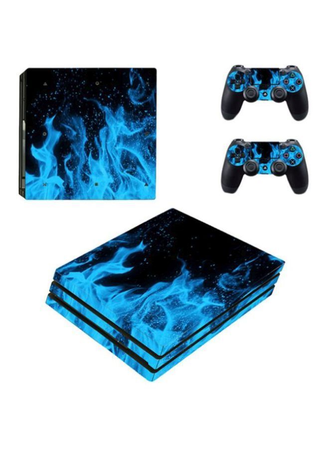 NIBEMINENT 3-Piece Fire Printed Skin Sticker For DUALSHOCK 4 Wireless Controller And Console - Blue/Black - Image 1
