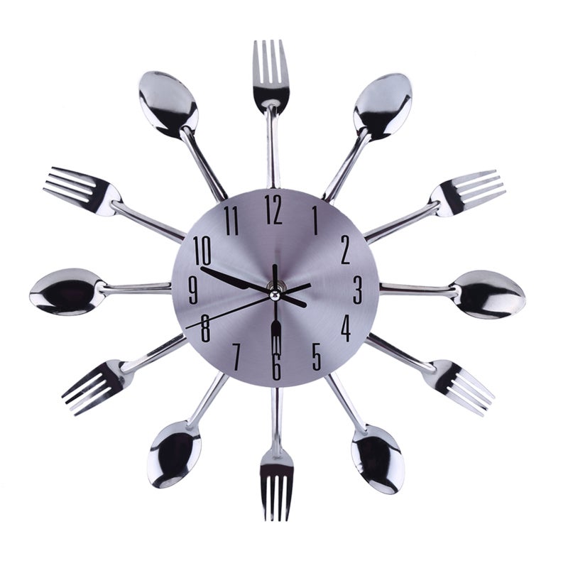 QUARTZ Large 3D Mirror Surface Silver Modern Design Cutlery Kitchen Utensil Spoon Fork Wall Clock DIY - Image 3