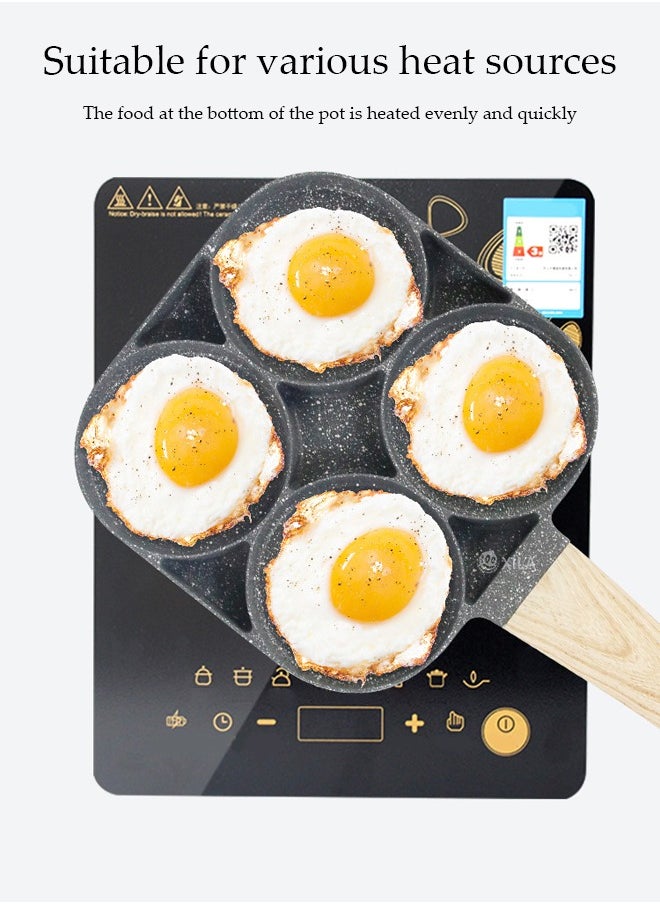 DUNISO - 4-Hole Omelette Pan, Frying Egg Pan,Hamburger Maker With Wooden Handle, Breakfast Egg Hamburger Pancake Pan, Suitable For Hamburger Eggs Ham, Pancake Maker, Non-Stick Pan - Image 1
