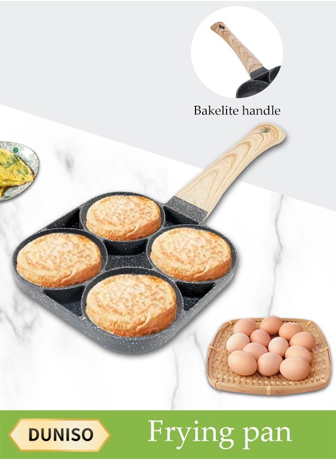 DUNISO - 4-Hole Omelette Pan, Frying Egg Pan,Hamburger Maker With Wooden Handle, Breakfast Egg Hamburger Pancake Pan, Suitable For Hamburger Eggs Ham, Pancake Maker, Non-Stick Pan - Image 1