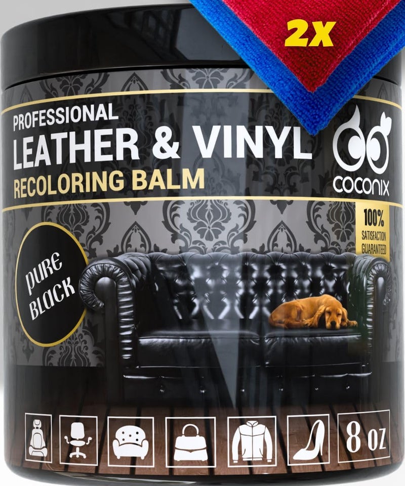 COCONIX Leather & Vinyl Recoloring Balm - Pure Black | Restore Faded, Worn, and Peeling Leather and Vinyl on Sofas, Chairs, and Car Seats | Vibrant Colors with Simple Application