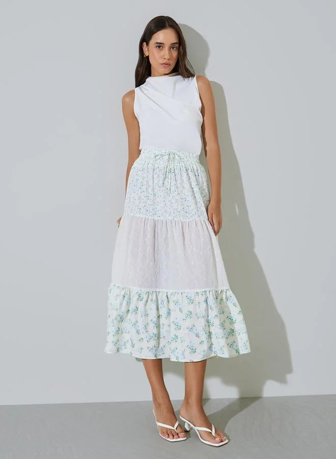 Floral Tiered Eyelet Midi Skirt